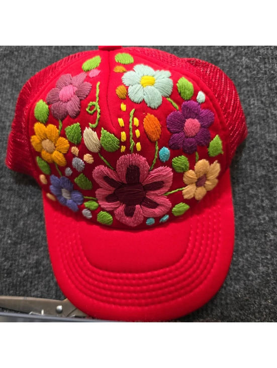 Accessories - Tankus Mexico Hand Embroidered Floral Trucker Hat Red Mesh Snapback Flower Cap
